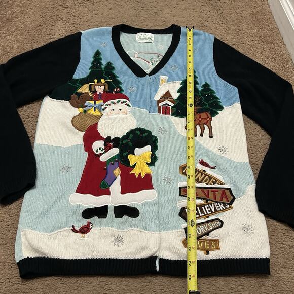Quaker Factory Knit Christmas Cardigan Santa Angel Blue Black Size XL? *NO TAG - Picture 2 of 6